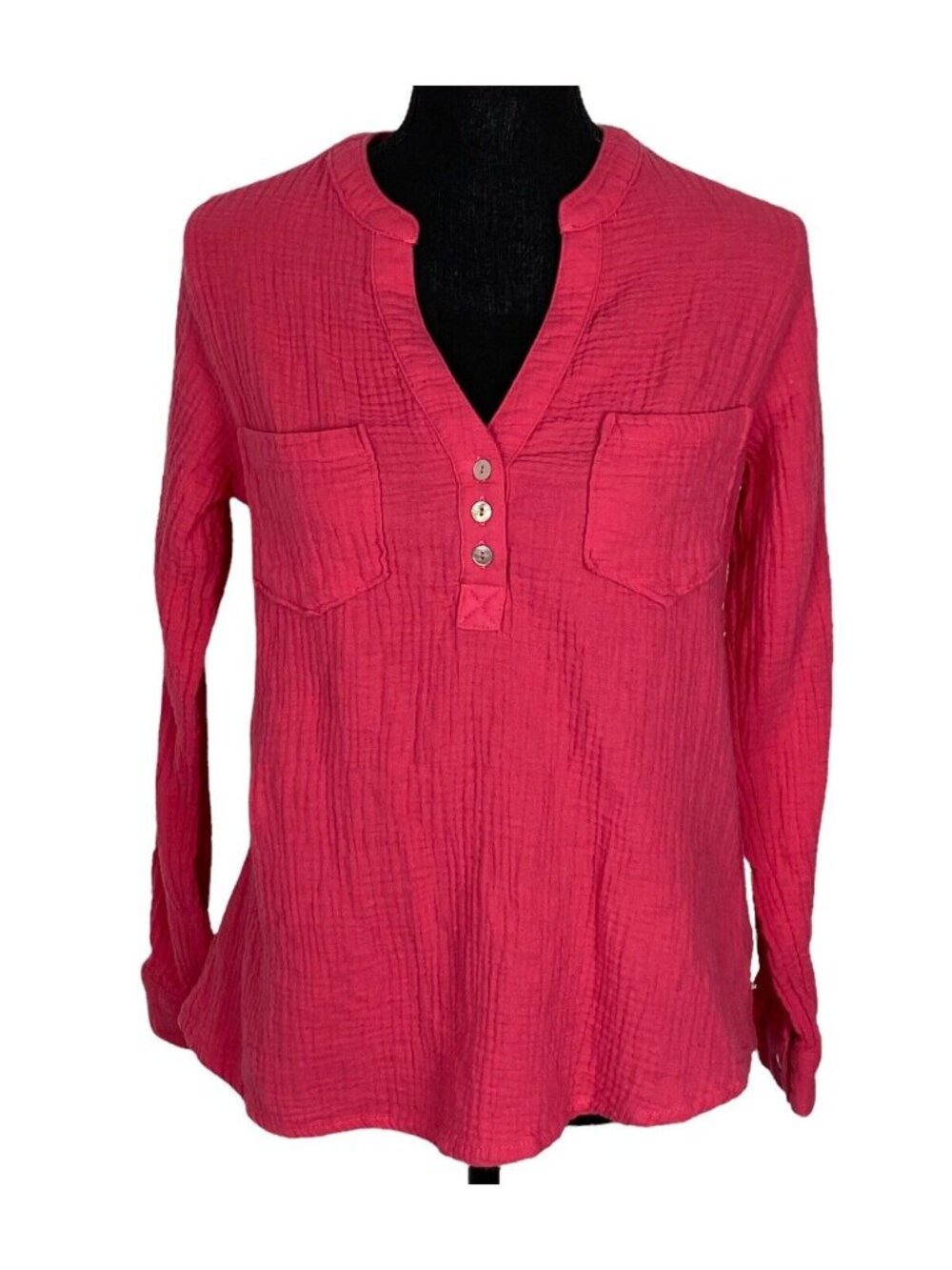 MOTE Women 1/4 Button Long Sleeve Pullover Gauze Top SZ S Pink Casual 52-19